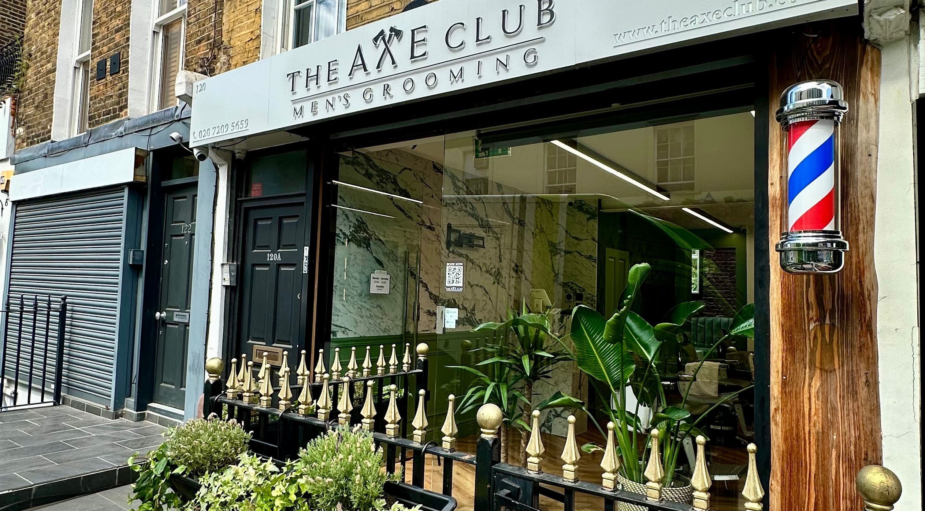 Front view of The Axe Club - Euston, a grooming venue in London, England, GB showcasing its stylish facade.