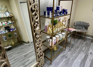 Elegant showroom of Areve Revive Aesthetics in Arlington Heights, Illinois, US showcases beauty products and decor.