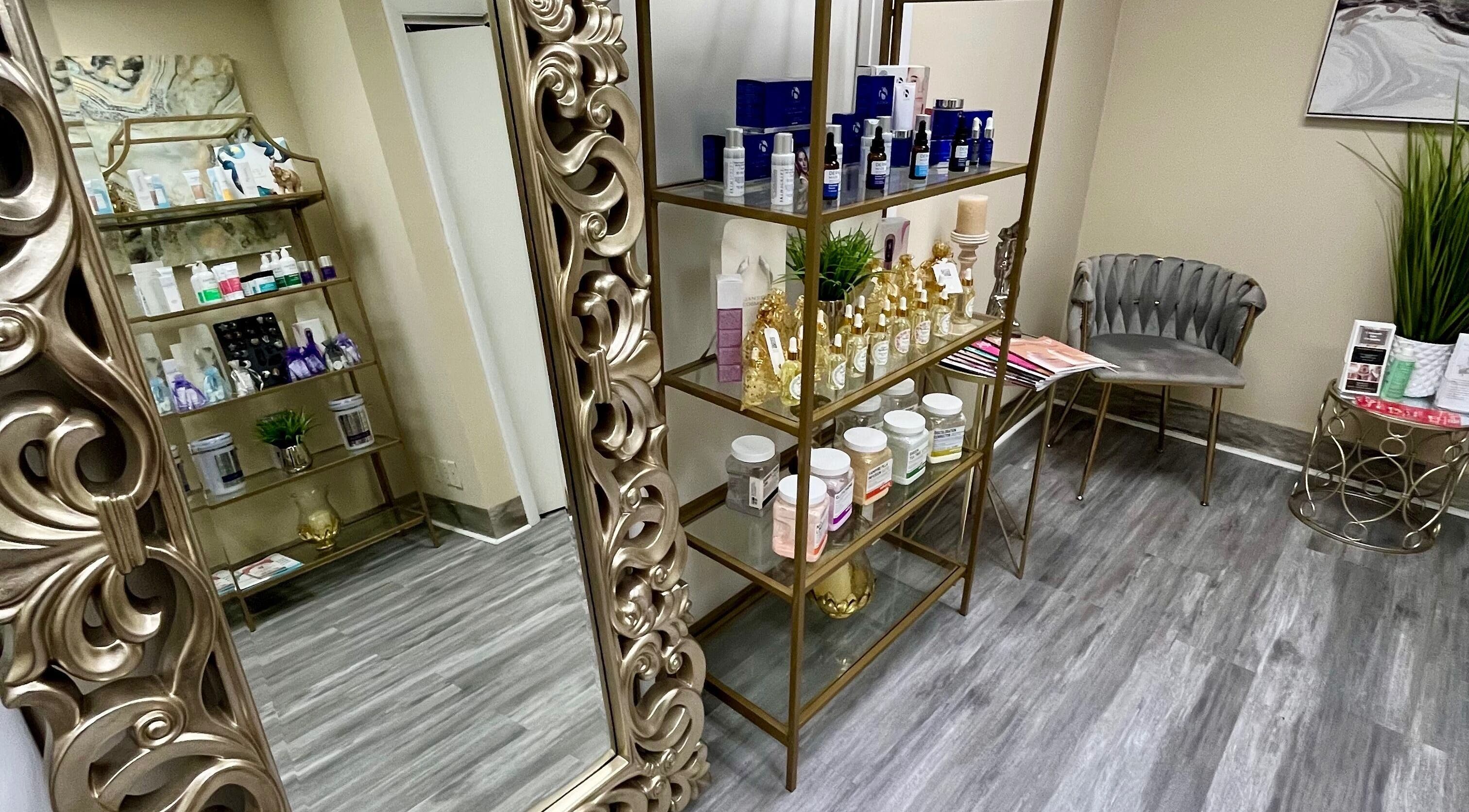 Elegant product display at Areve Revive Aesthetics, Arlington Heights, Illinois, US, showcasing beauty items.