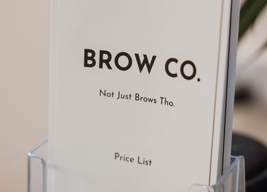 The Brow Co. price list on display in Loughborough, England, GB highlighting salon services.