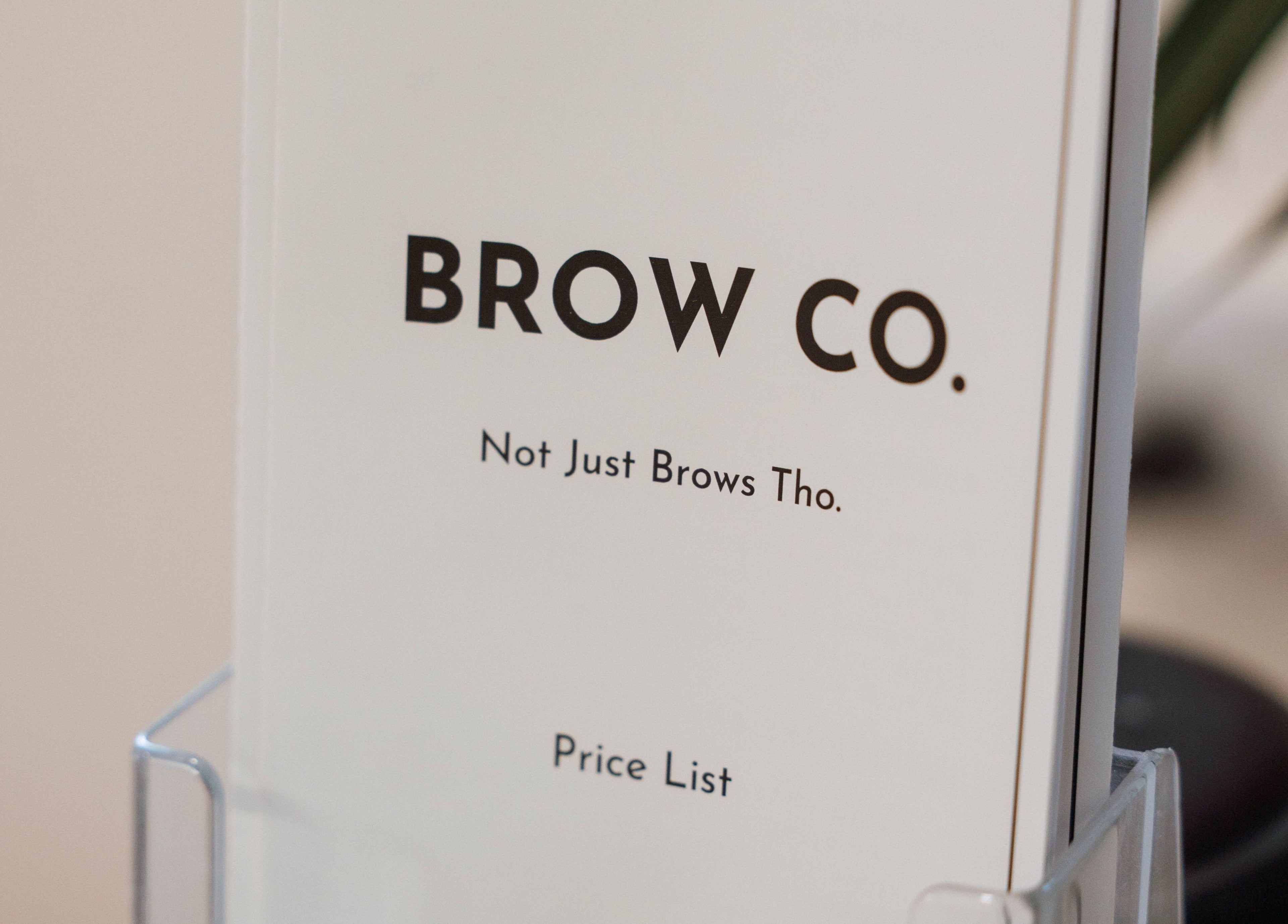 The Brow Co. price list display, Loughborough, England, GB, showcasing beauty services.