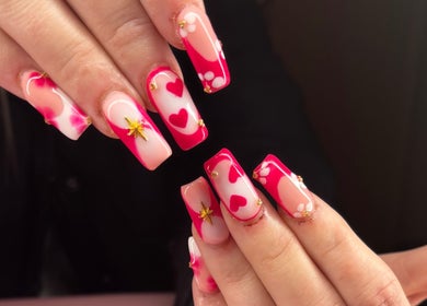 Stylish red and pink heart-themed manicure at Borscz Beauty, Gowrie, Australian Capital Territory, AU.