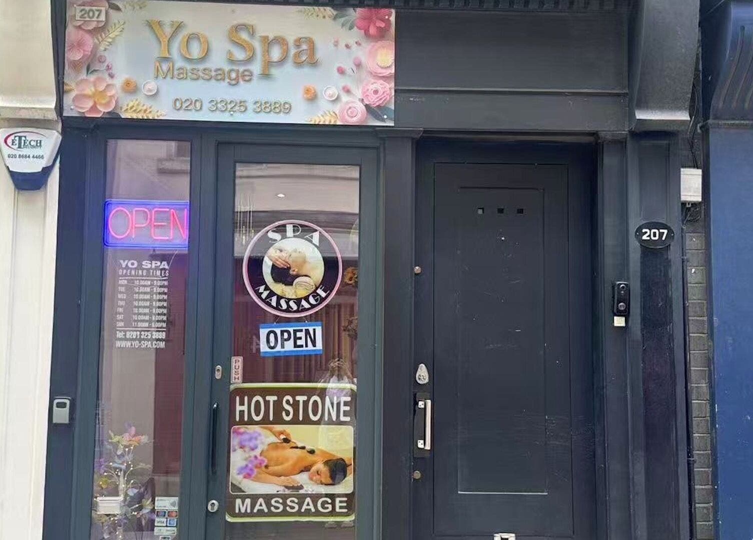 Yo Spa entrance at 207 London, England, GB showcasing massage services and welcoming ambiance.