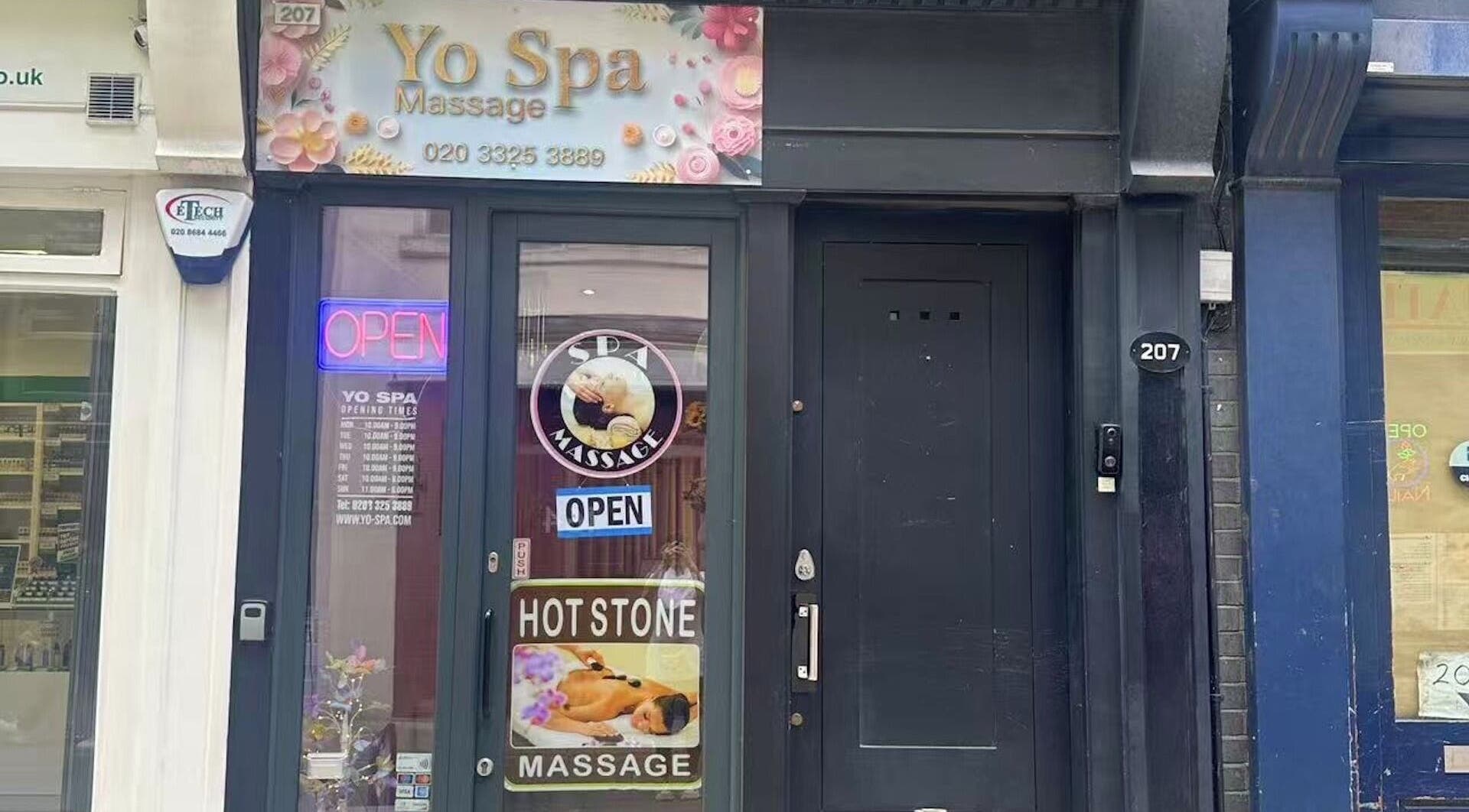 Yo Spa entrance at 207 London, England, GB showcasing massage services and welcoming ambiance.