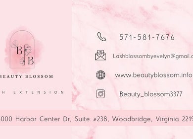 Beauty Blossom contact details on a pink background, Woodbridge, Virginia, US.