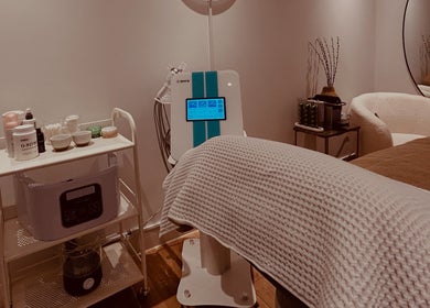 Luxurious spa room at Rio Edition, London, England, GB, featuring advanced beauty equipment and soothing decor.