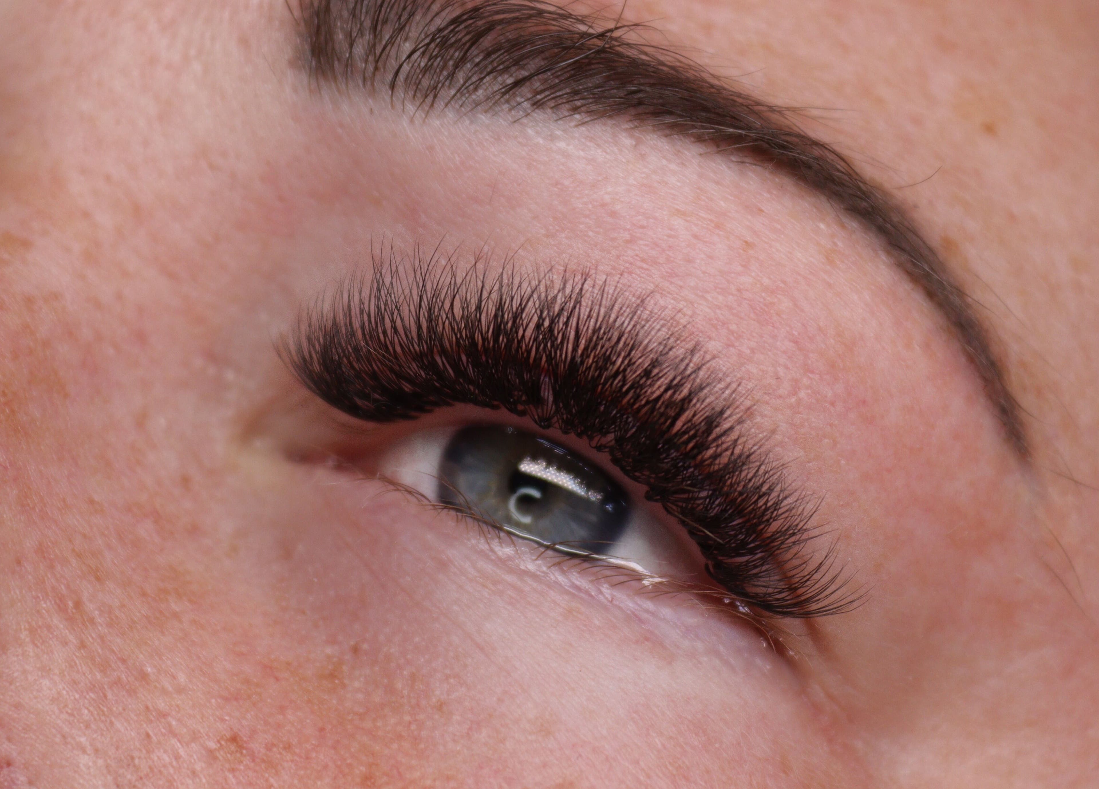 Close-up of elegant eyelash extensions at Studio 10 Beauty Boreham in Chelmsford, England, GB.