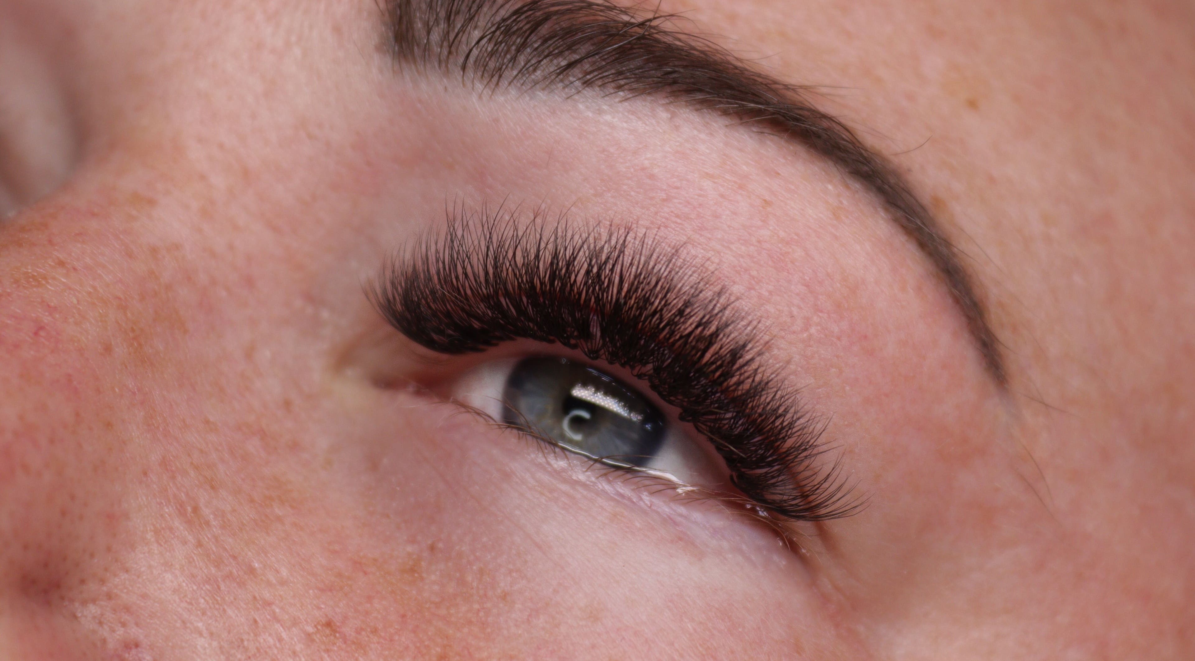 Close-up of elegant eyelash extensions at Studio 10 Beauty Boreham in Chelmsford, England, GB.