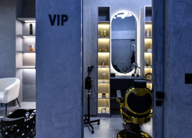 Luxurious VIP room at L8 Elite Barbershop in Riyadh, Riyadh Province, SA, featuring elegant seating and decor.
