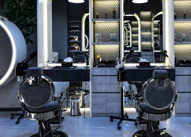 Modern interior of L8 Elite Barbershop in Riyadh, Riyadh Province, SA, featuring stylish barber chairs and equipment.