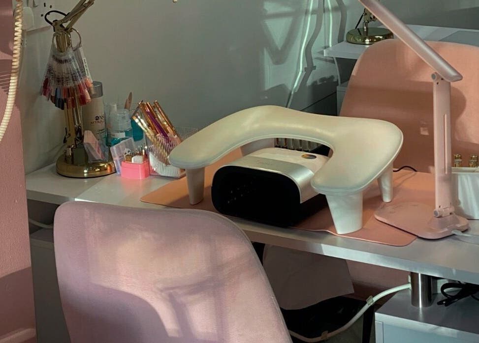 Nail station at ONYX Nails & Beauty in Worsley, England, GB with stylish decor and professional nail tools.