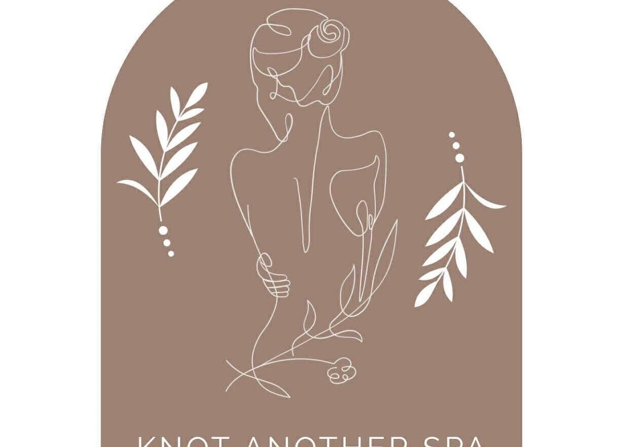 Logo of Knot Another Spa, Bletchley, Milton Keynes, GB with elegant line art and foliage on a brown background.