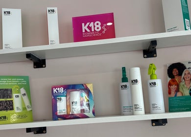 K18 hair products displayed on shelves at Hair by Hannah, Hinckley, England, GB.