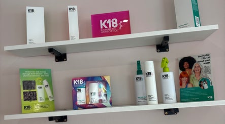 K18 hair products displayed on shelves at Hair by Hannah, Hinckley, England, GB.