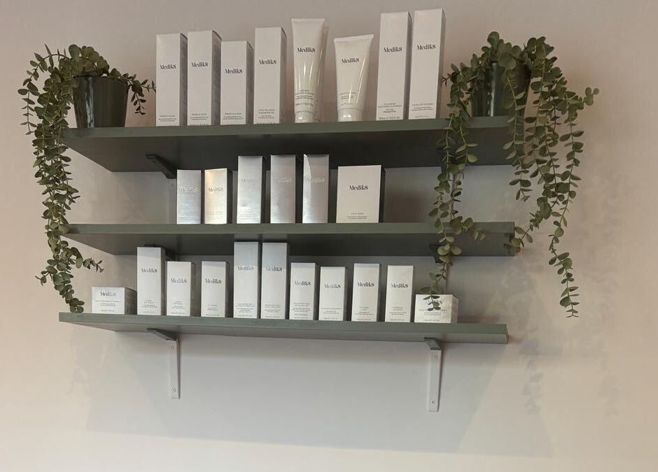 Elegant shelf with beauty products at Belle, Otley, England, GB.