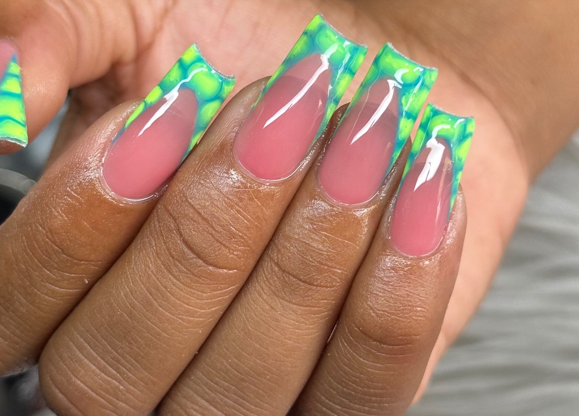 Colorful green and pink acrylic nails at Nails by Dark.Indi, Kingston, St. Andrew Parish, JM.