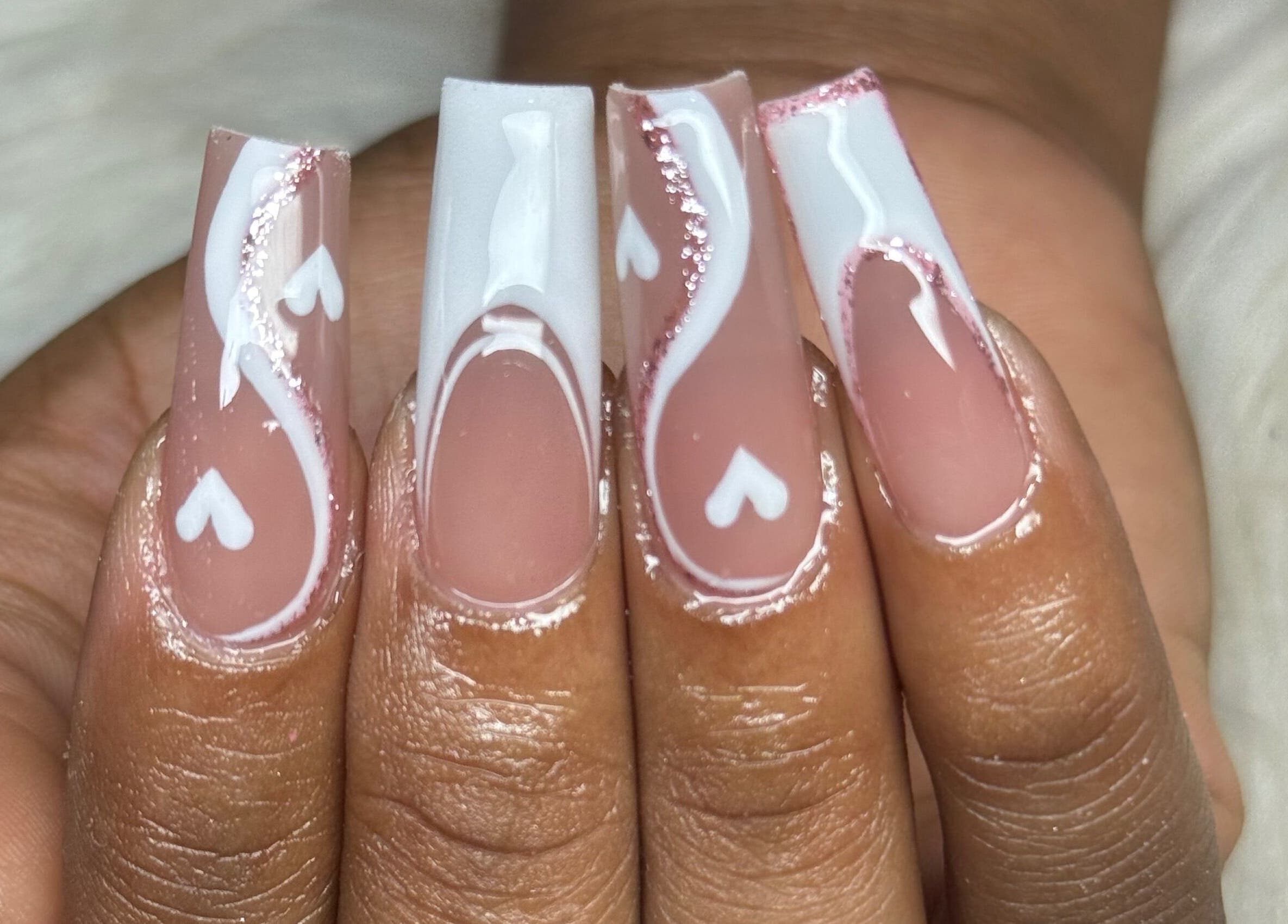 Chic nail design with white patterns at Nails by Dark.Indi, Kingston, St. Andrew Parish, JM.