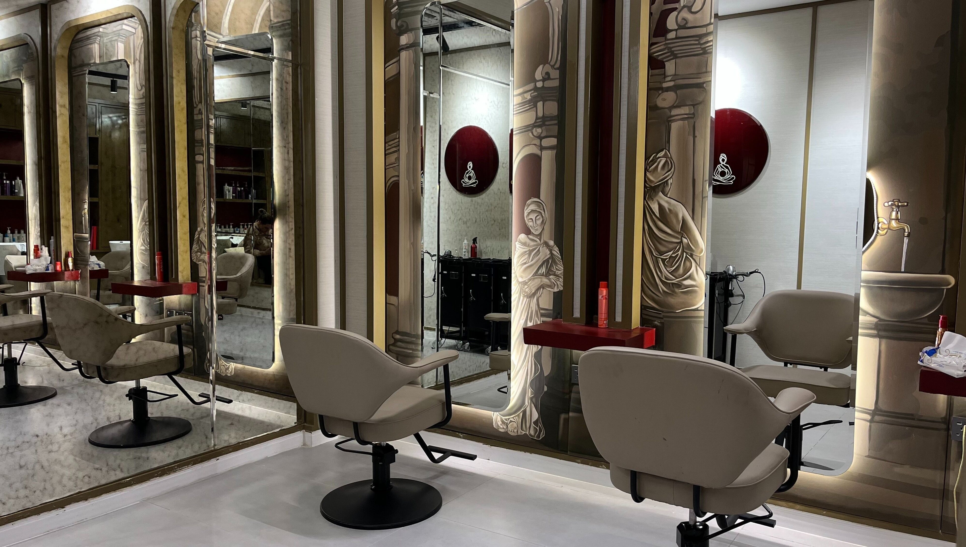 Elegant salon chairs and mirrors at Myalo Spa, Riyadh, Riyadh Province, SA, reflecting luxury interiors.