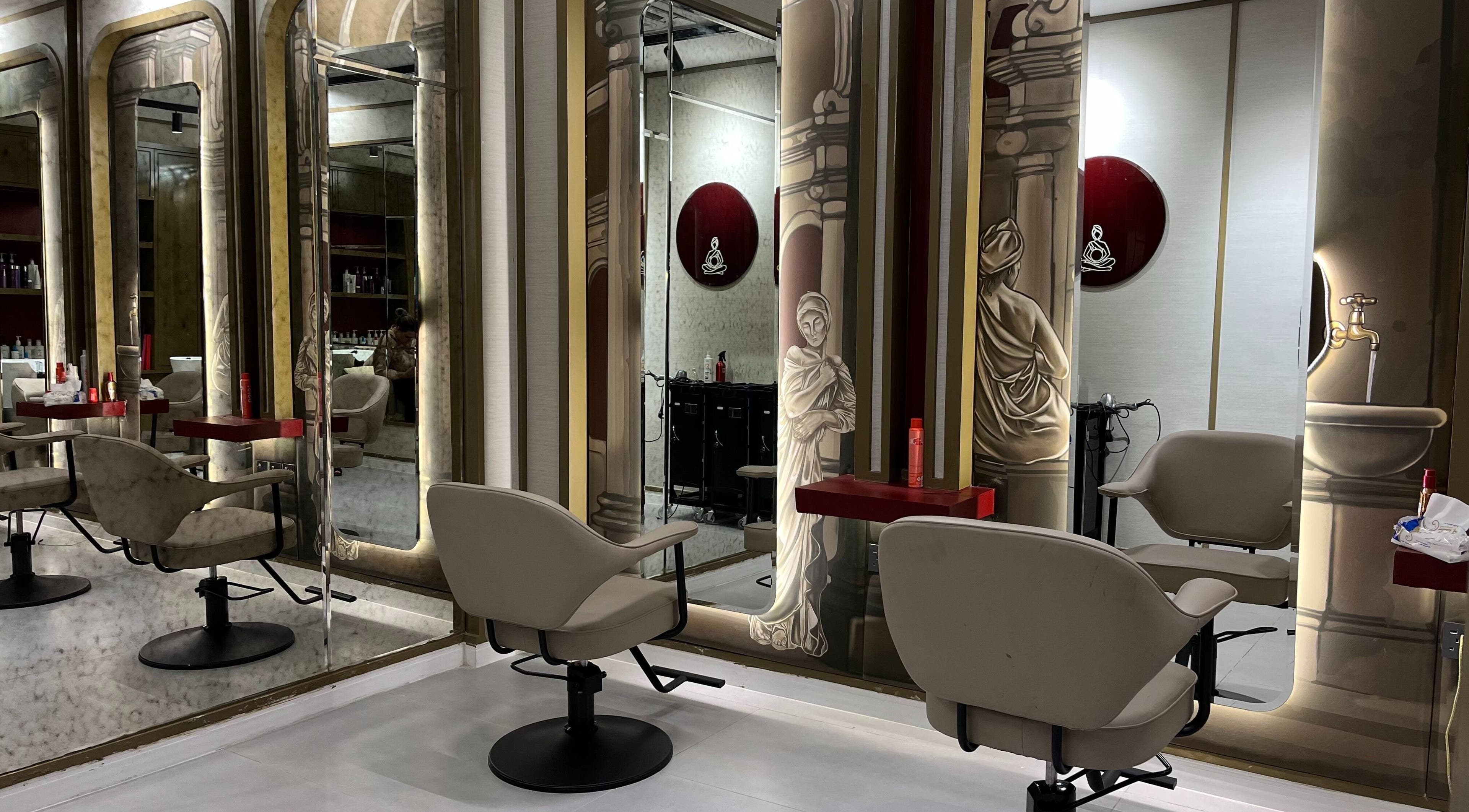 Elegant salon chairs and mirrors at Myalo Spa, Riyadh, Riyadh Province, SA, reflecting luxury interiors.