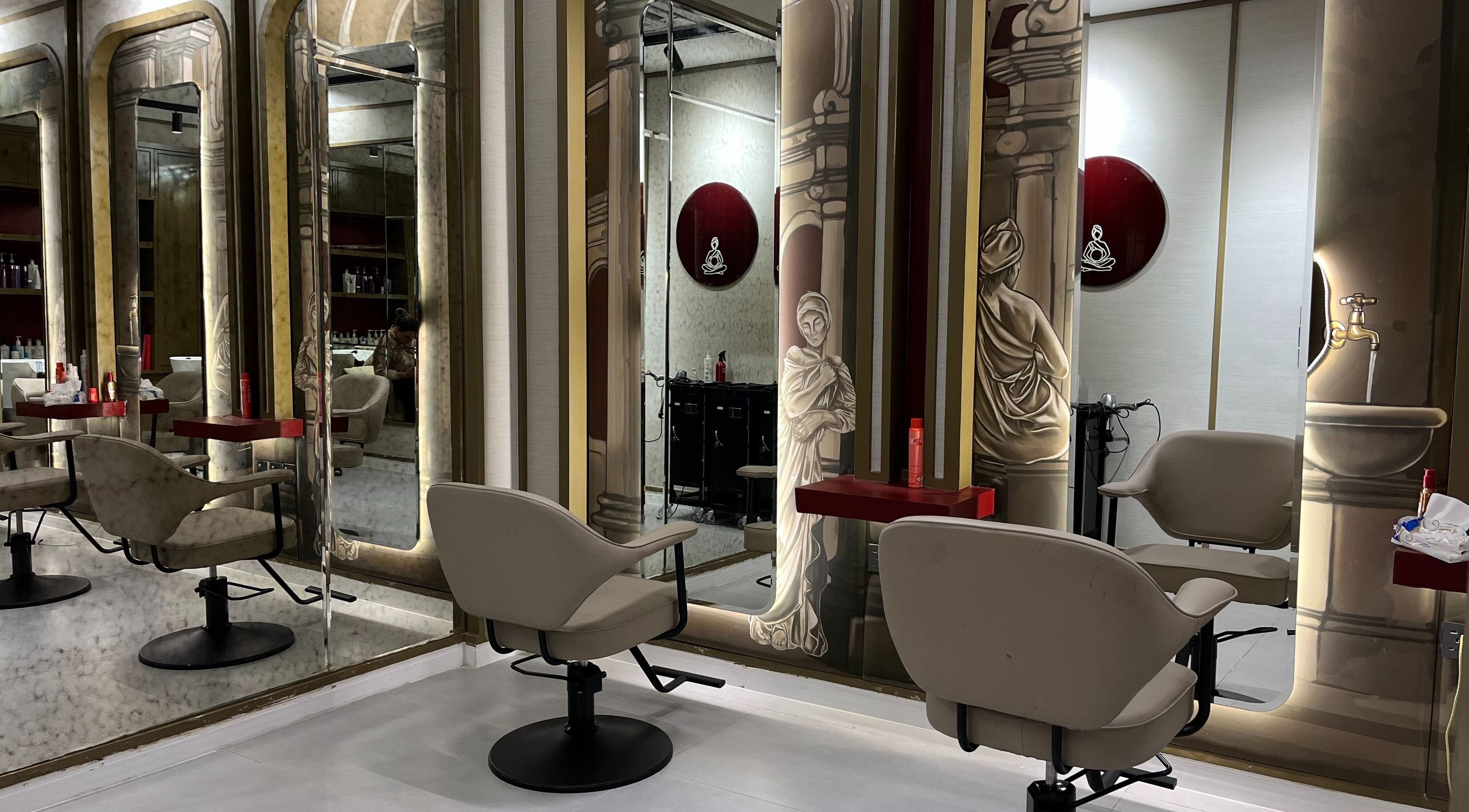 Elegant salon chairs and mirrors at Myalo Spa, Riyadh, Riyadh Province, SA, reflecting luxury interiors.