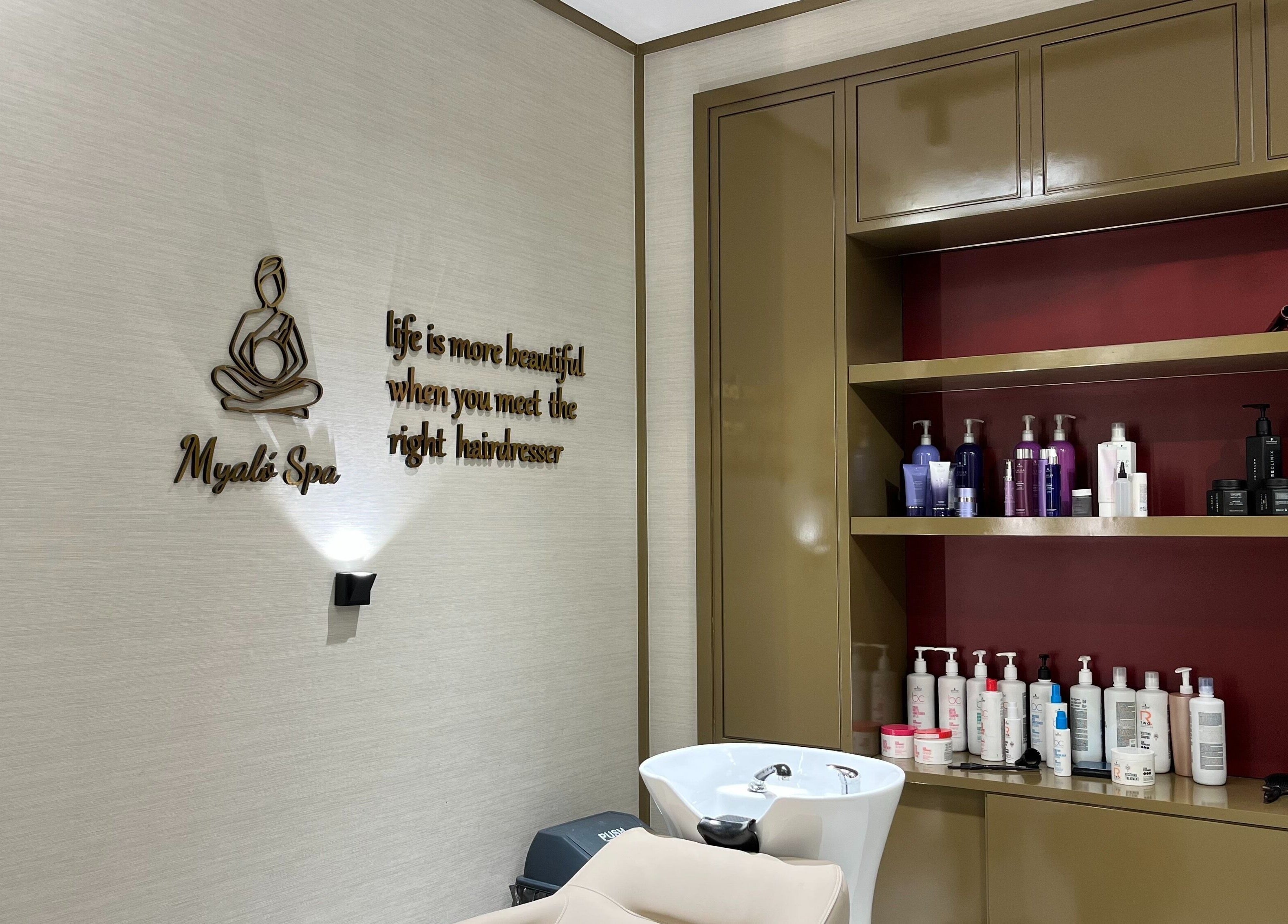 Beautiful salon area at Myalo Spa, Riyadh showcasing hair products and a calming ambiance.