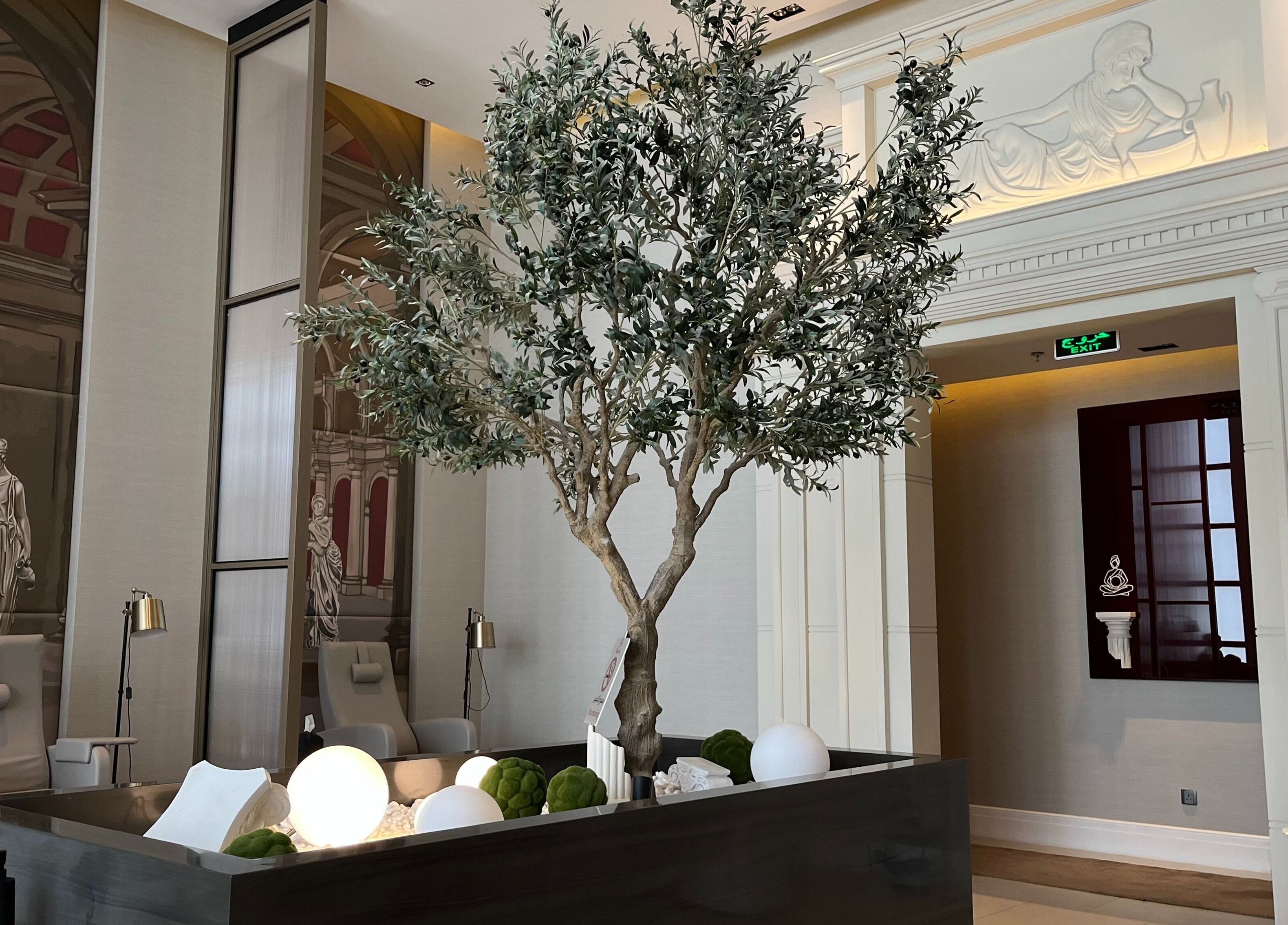 Elegant seating area with an olive tree at Myalo Spa in Riyadh, Riyadh Province, SA.