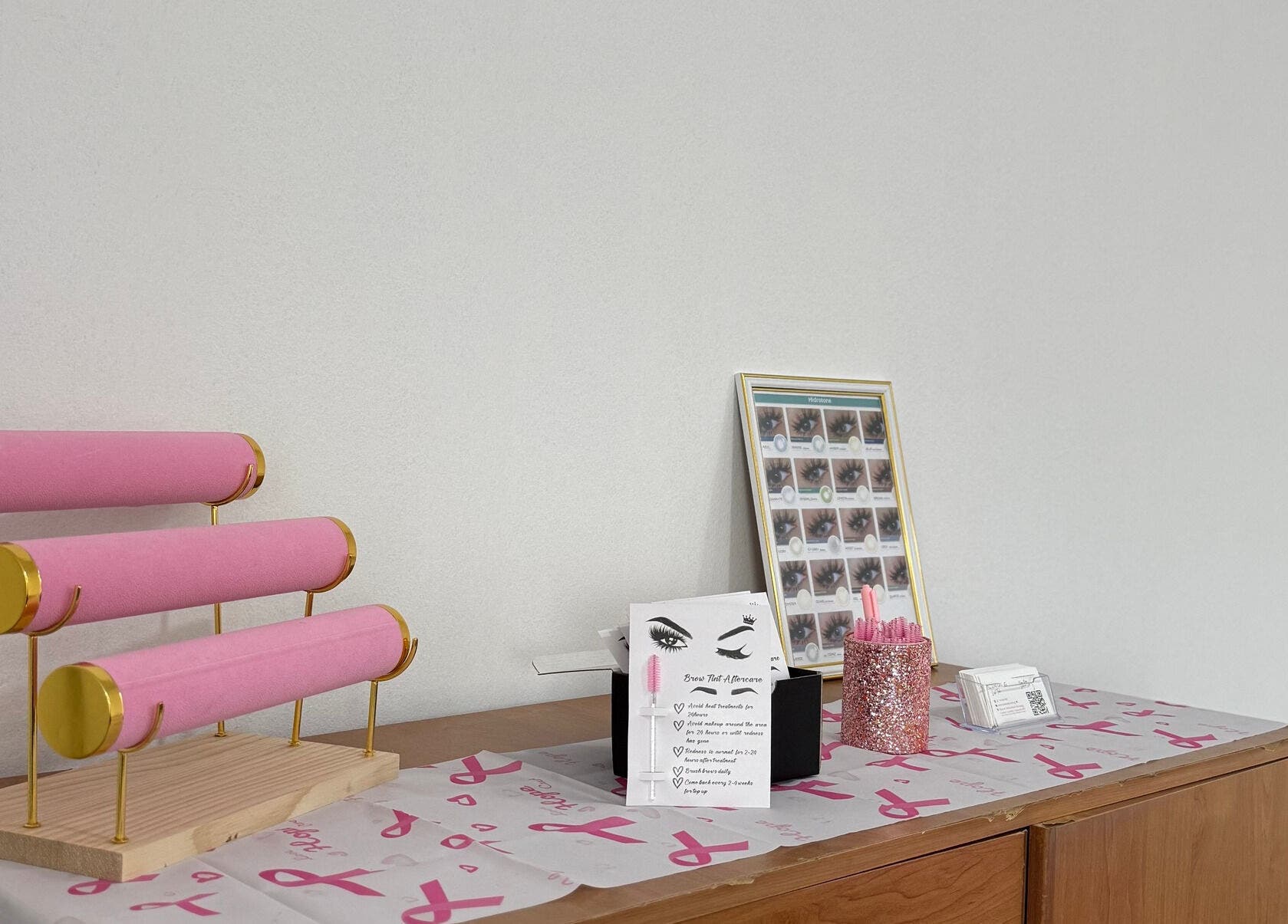 Elegant display table at Beauty Defined By Cindy G showcasing beauty products in Gqeberha, Eastern Cape, ZA.