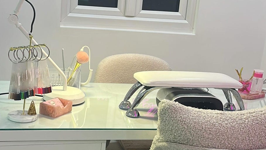 Nail station setup at Lulabells Bristol, featuring manicure tools and a cozy chair in Bristol, England, GB.