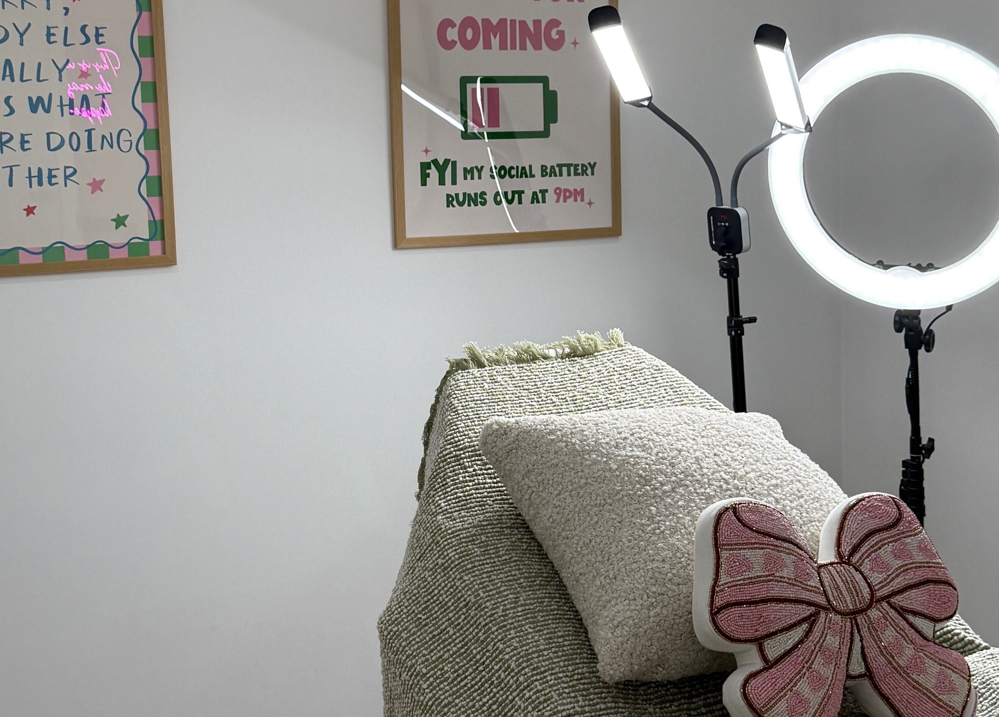 Beauty treatment room at Lulabells Bristol, featuring a ring light and decorative pillows, in Bristol, England, GB.