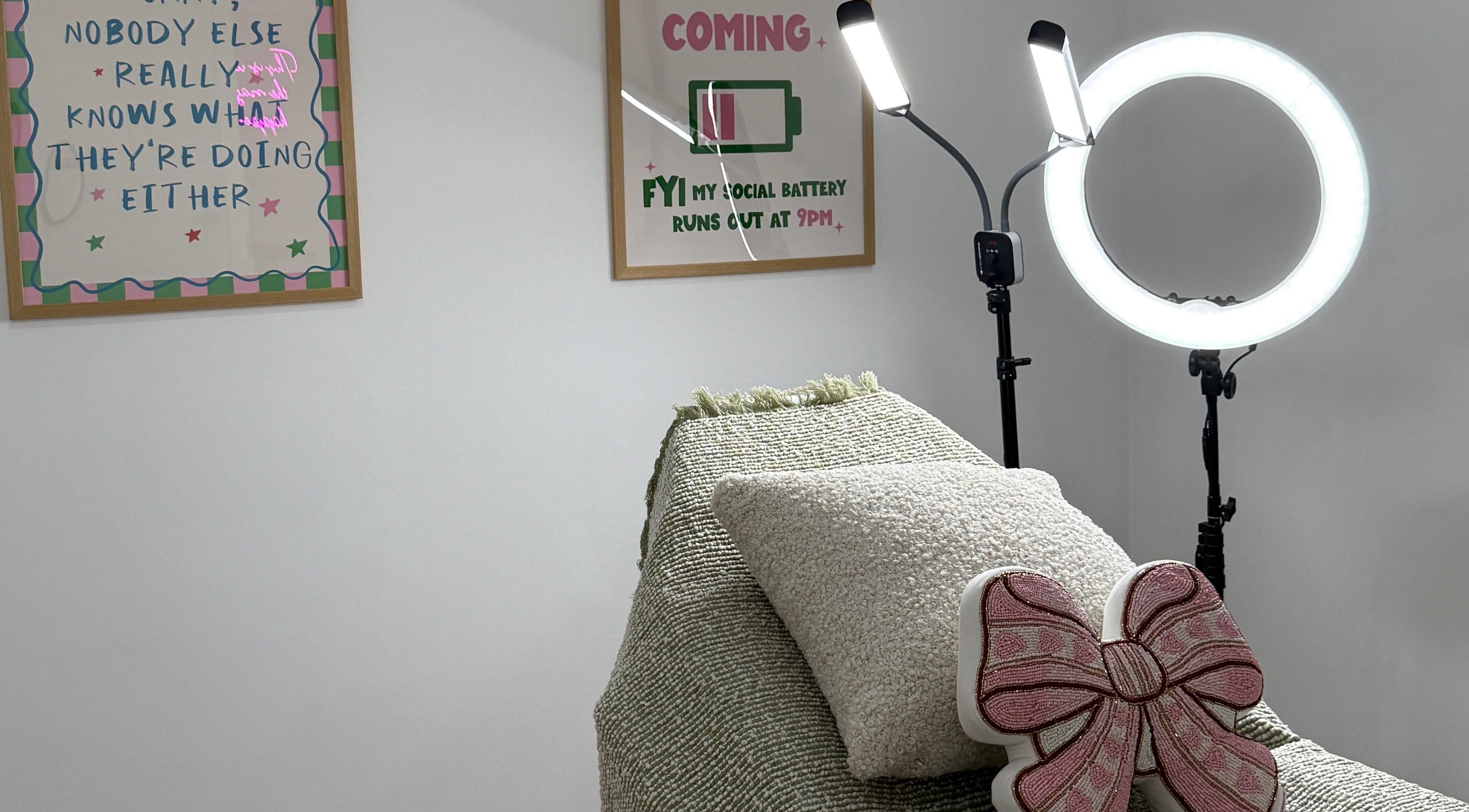 Lulabells Bristol cozy treatment area with a ring light and decor, Bristol, England, GB.