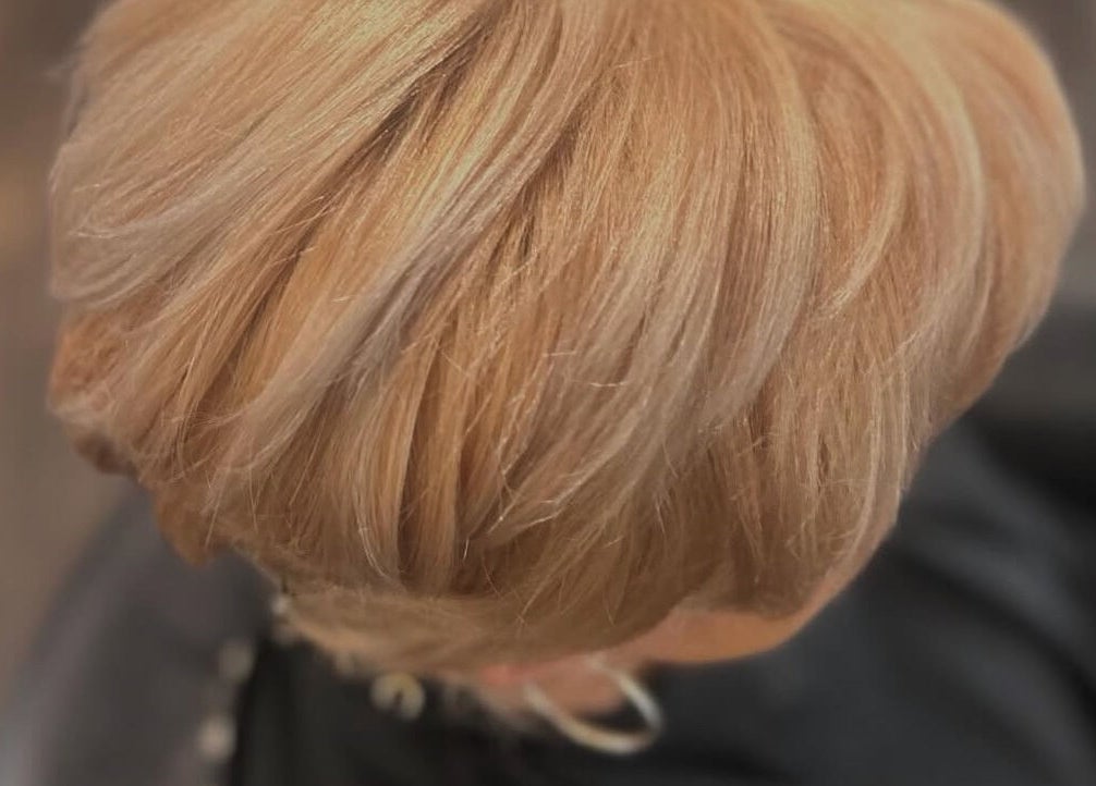 Blonde hairstyle showcased at Paris Salon, Ridgefield, Connecticut, US. Elegant and sleek design.