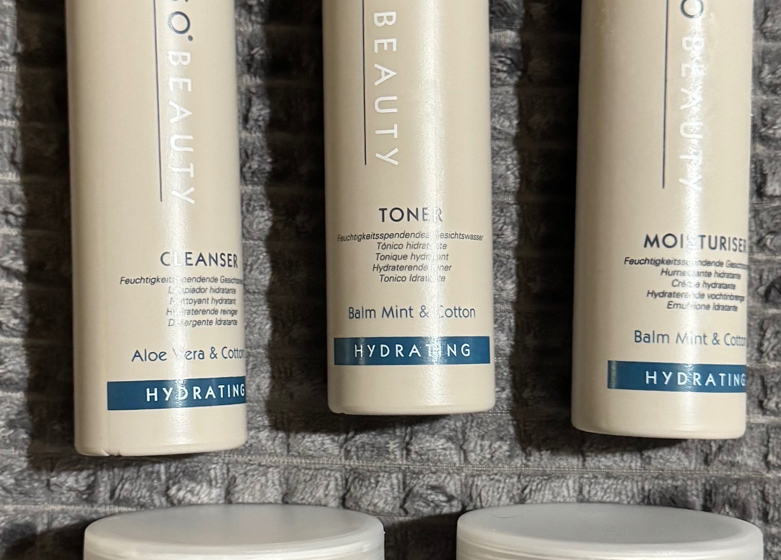 Hydrating skincare products displayed at Essence Beauty in Barnsley, England, GB.