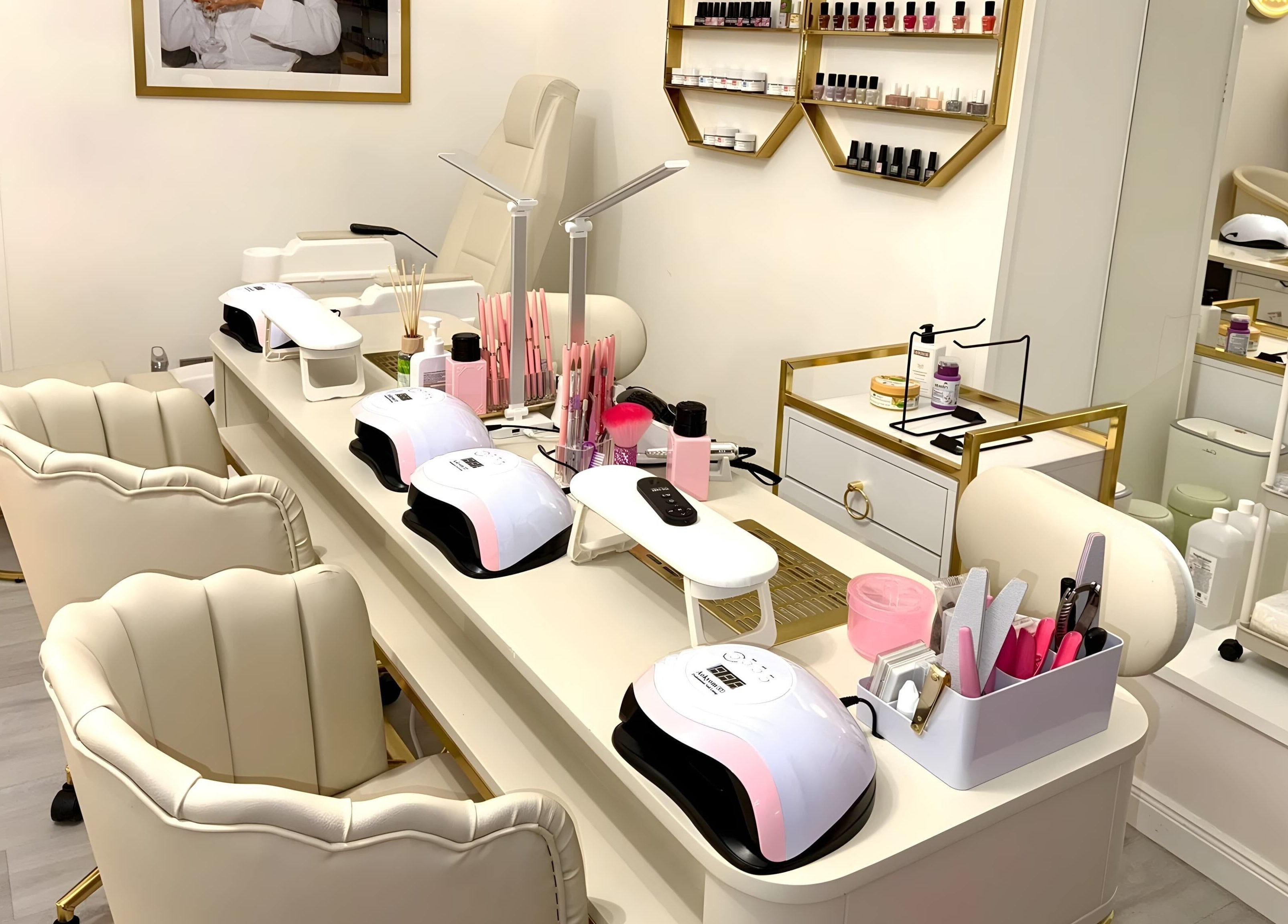 Moderne Nagelstation bei Kader Loth Beauty in Berlin, Berlin, DE mit eleganter Einrichtung und hochwertigen Werkzeugen.