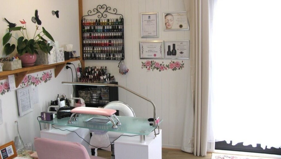 Interior view of Rambling Rose Nails showcasing nail polish display in Mangawhai, Northland, NZ.