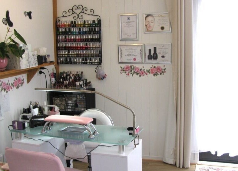 Interior view of Rambling Rose Nails showcasing nail polish display in Mangawhai, Northland, NZ.