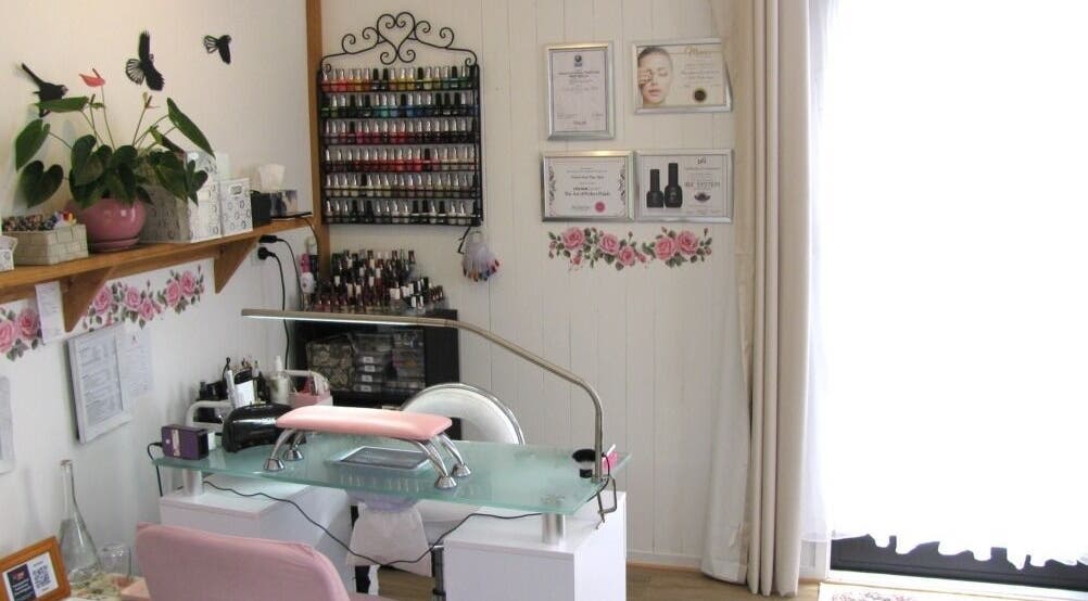 Interior view of Rambling Rose Nails showcasing nail polish display in Mangawhai, Northland, NZ.