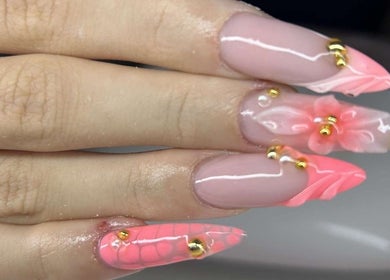 Stylish pink floral acrylic nails at Nails.byavagray in Dunfermline, Scotland, GB.