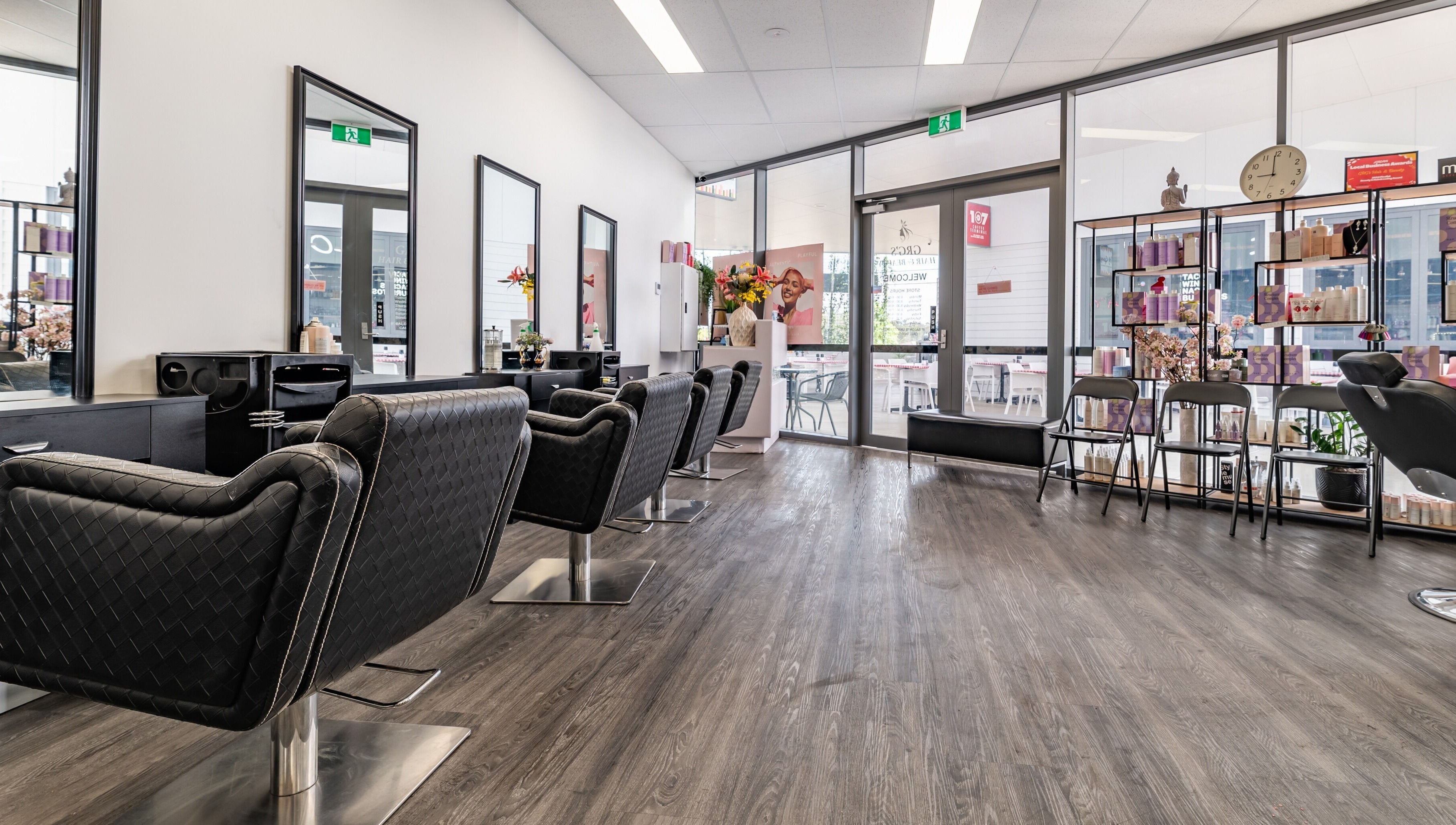 Elegant salon chairs and mirrors at GRG’s Hair & Beauty, Spring Mountain, Queensland, AU.