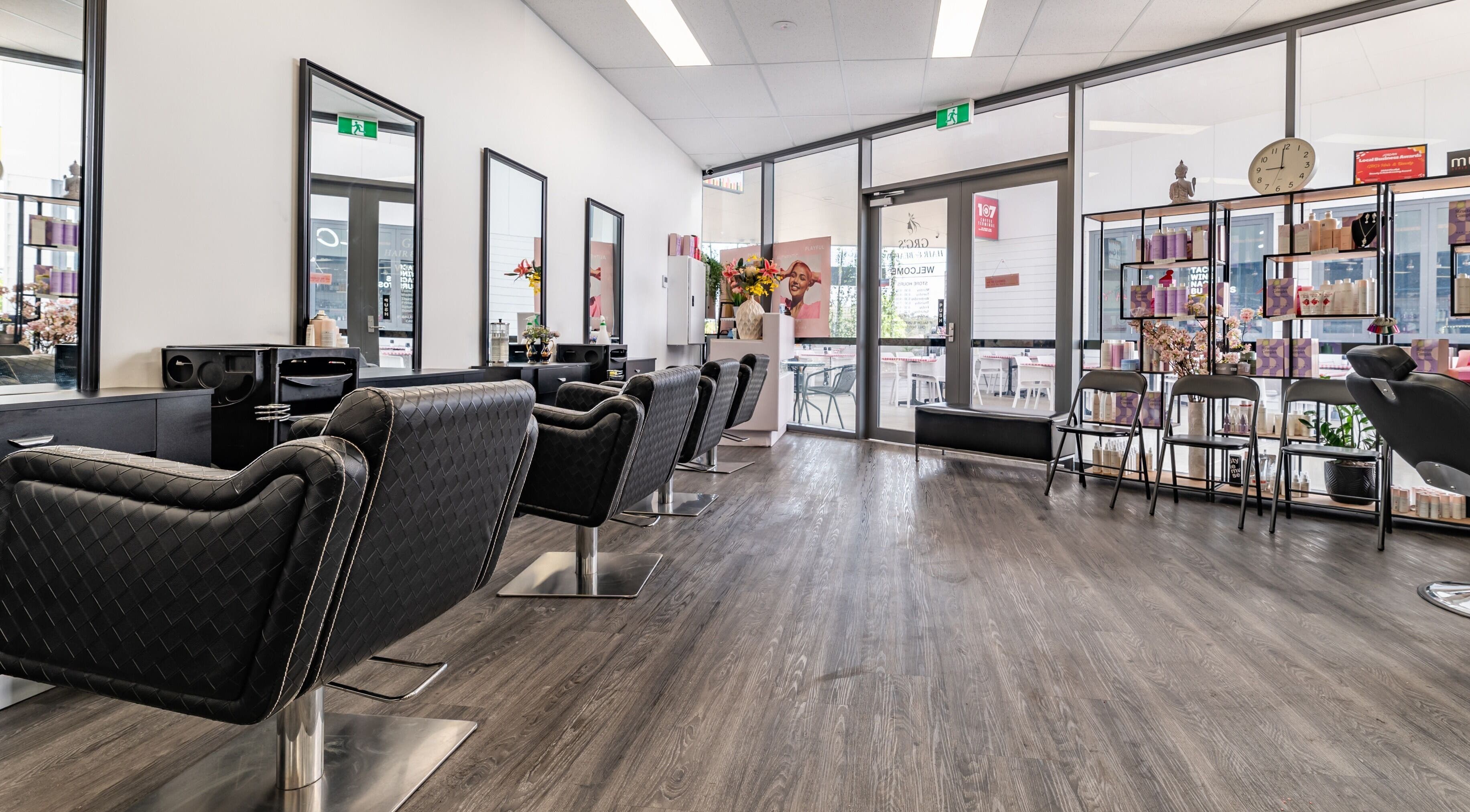 Elegant salon chairs and mirrors at GRG’s Hair & Beauty, Spring Mountain, Queensland, AU.