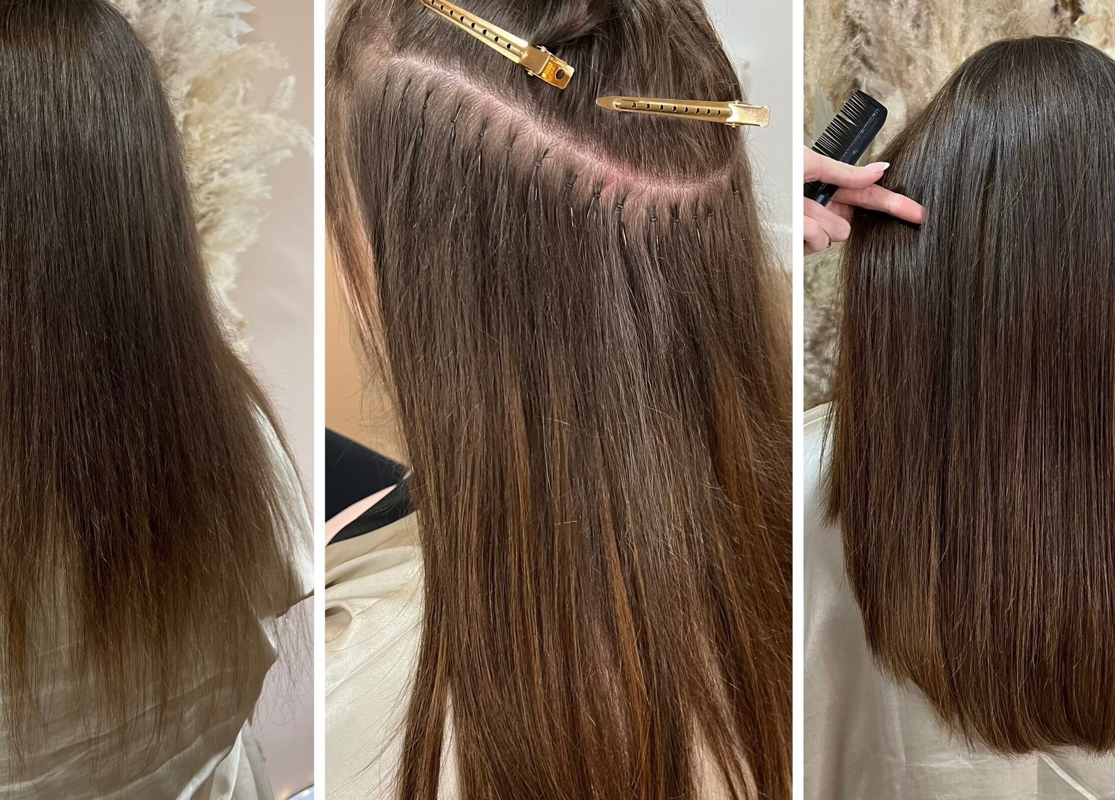 Hair extension process at Goddess Rising Hair Extensions, Belper, England, GB. Enhancing hair volume and length.