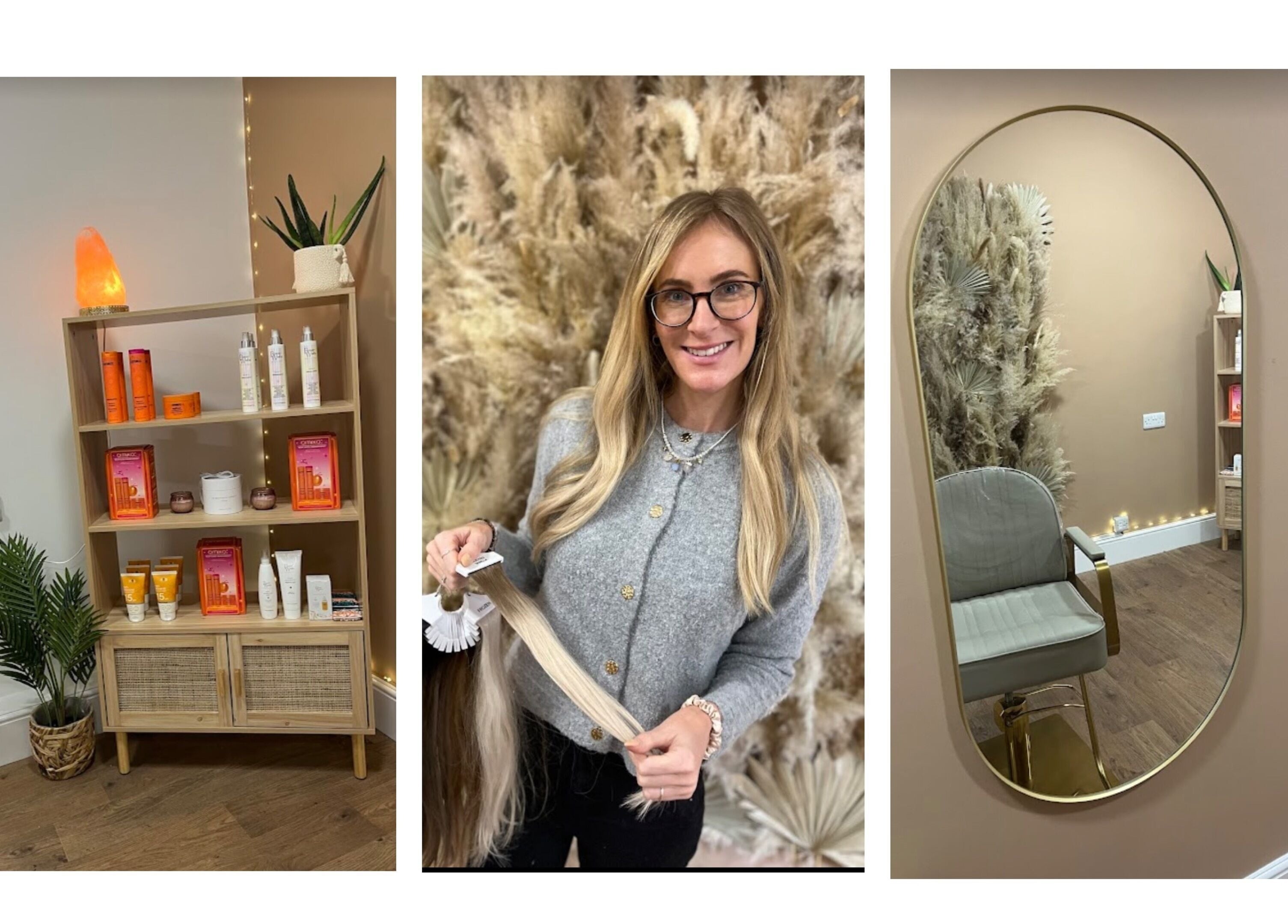 Stylish interior of Goddess Rising Hair Extensions, Belper, England. Features hair products and decor.