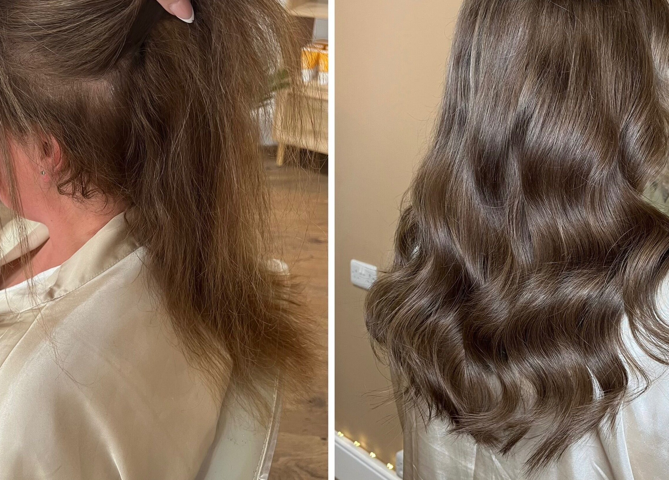 Before and after of hair extensions at Goddess Rising Hair Extensions, Belper, England, GB.