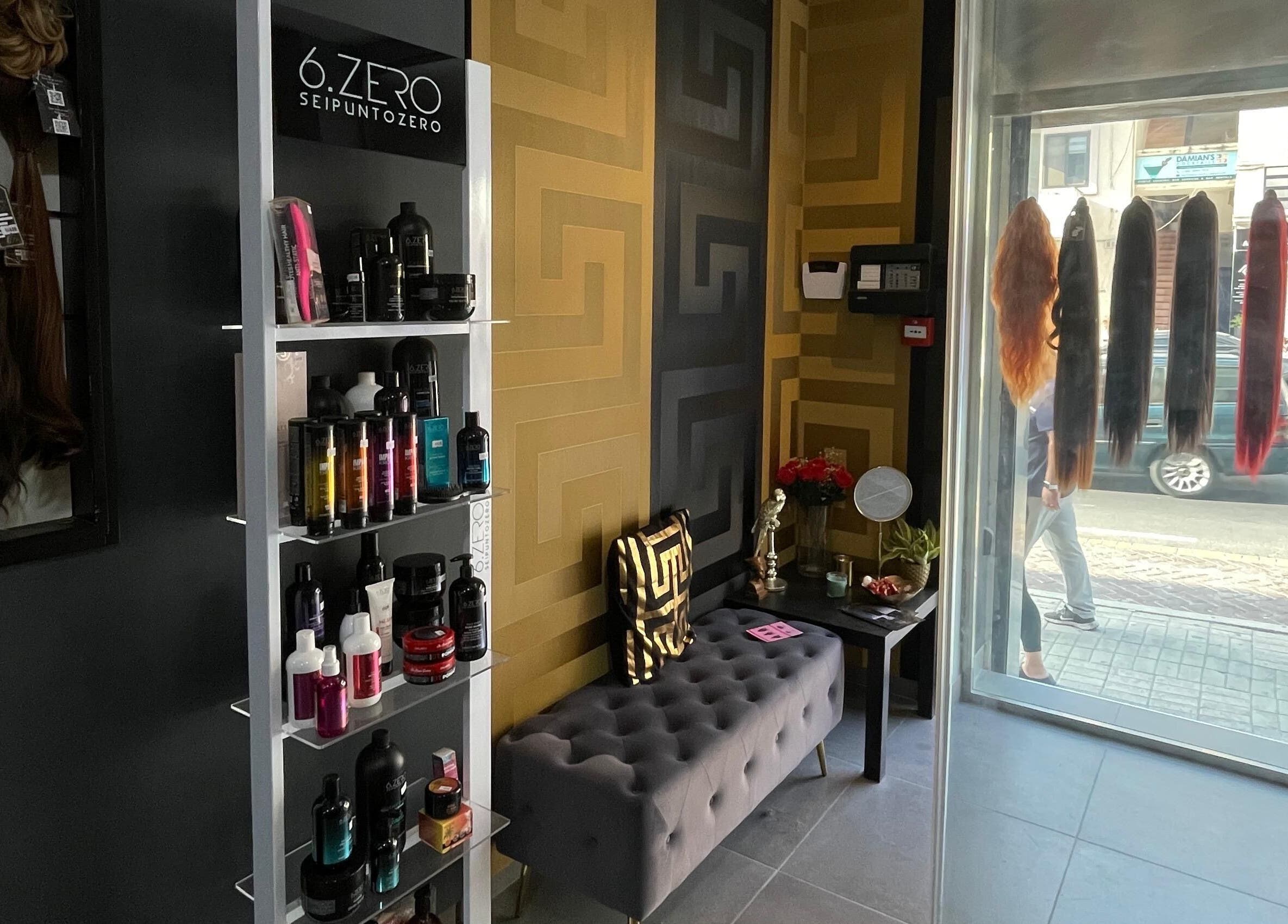 Shelves with hair products and displays at Hair Extensions by Yasmin Fgura, Il-fgura, MT.