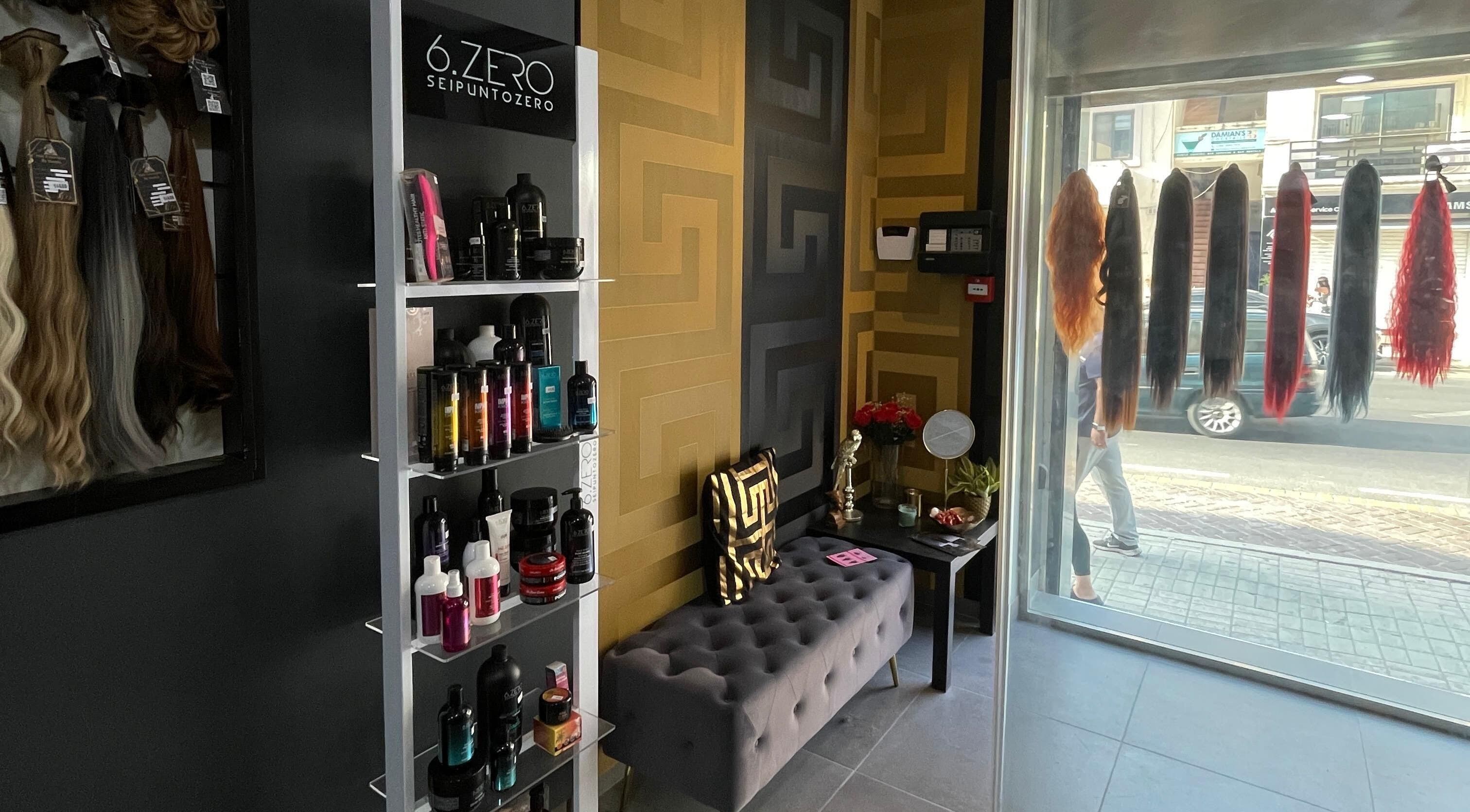 Shelves with hair products and displays at Hair Extensions by Yasmin Fgura, Il-fgura, MT.