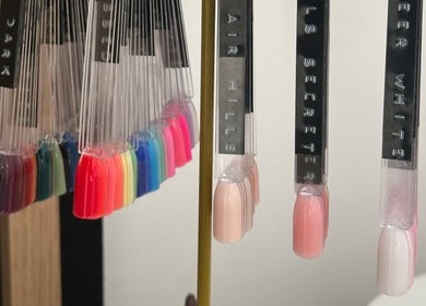 Nail color samples at Muse Beauty Studio, Port Talbot, Wales, GB showcasing diverse vibrant options.