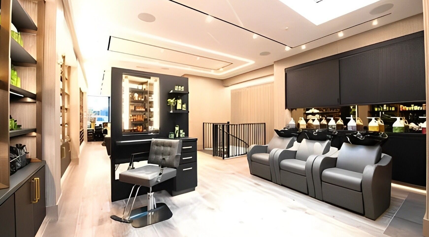 Modern salon interior at CHAZ DEAN STUDIO NYC, New York, New York, US, showcasing sleek design and styling stations.
