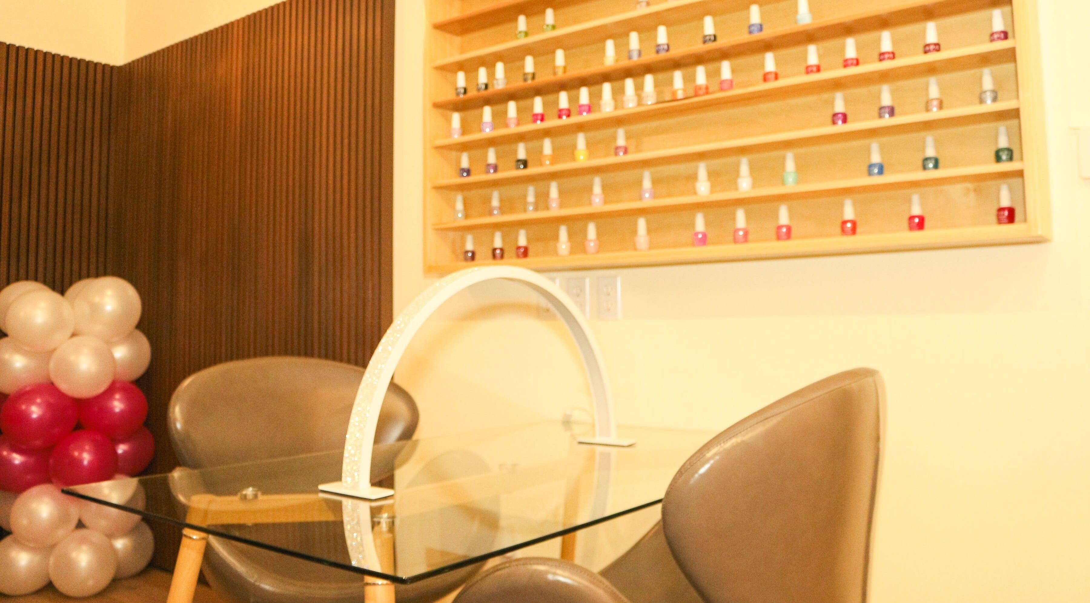 Elegant nail polish display at The Lotus Center Spa, Virgin Gorda, British Virgin Islands, US.