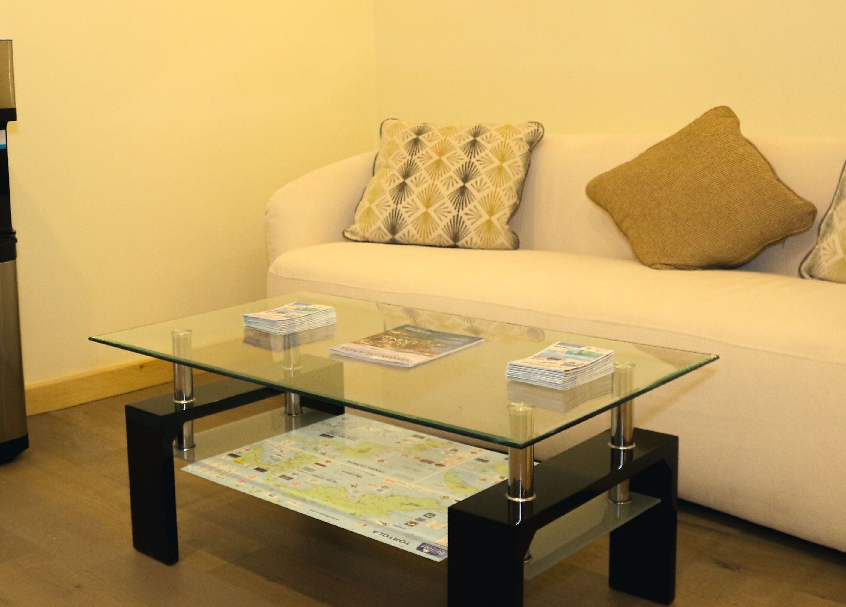 Modern lounge area at The Lotus Center Spa, Virgin Gorda, British Virgin Islands, US with elegant decor.