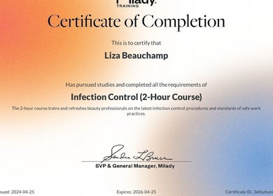 Certificate of Infection Control course completion at Vita Bella LLC, Naugatuck, Connecticut, US.