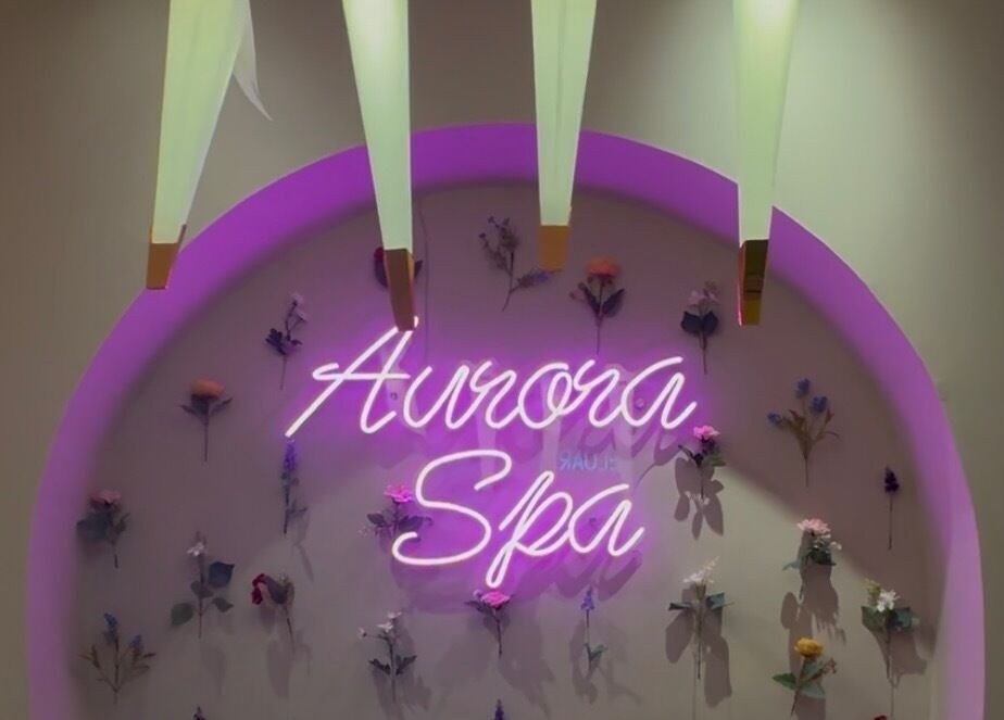 Neon Aurora Spa sign with floral decor at Aurora Muslimah Salon & Spa Setapak, Kuala Lumpur, Wilayah Persekutuan Kuala Lumpur, MY.